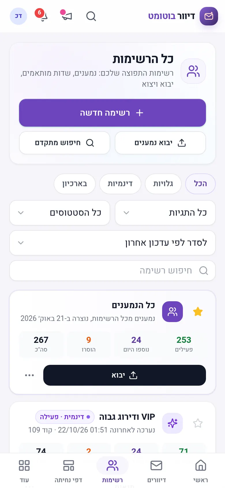 מסך הרשימות: נמענים פעילים, חדשים, הסרות וחסומים לכל רשימה